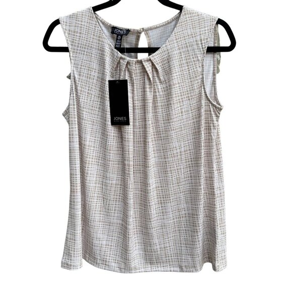 Jones New York Womens Sleeveless Pleat Neck Keyhole Back Check Print Blouse New - Picture 1 of 8